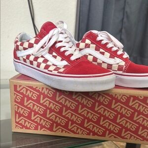Vans Red and White Athletic Shoes with Checkerboard Design